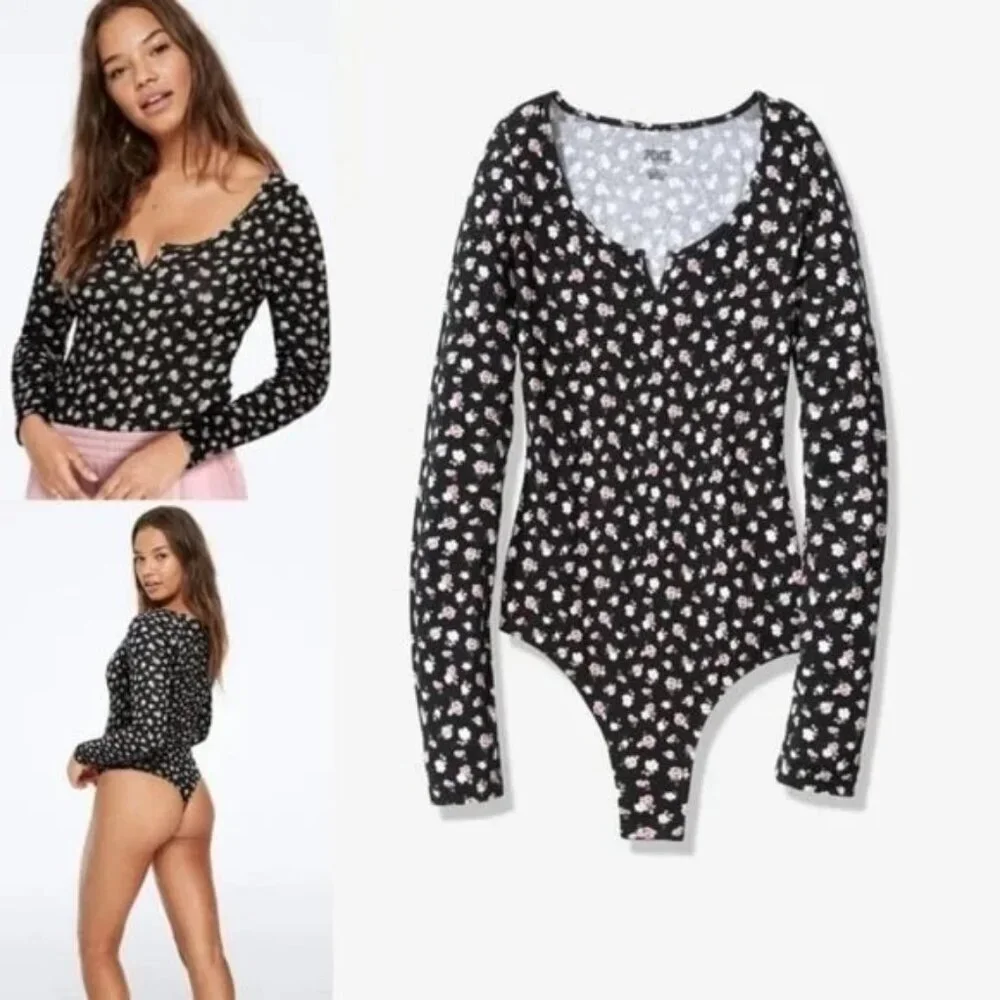 PINK Victoria's Secret Black Floral Bodysuit